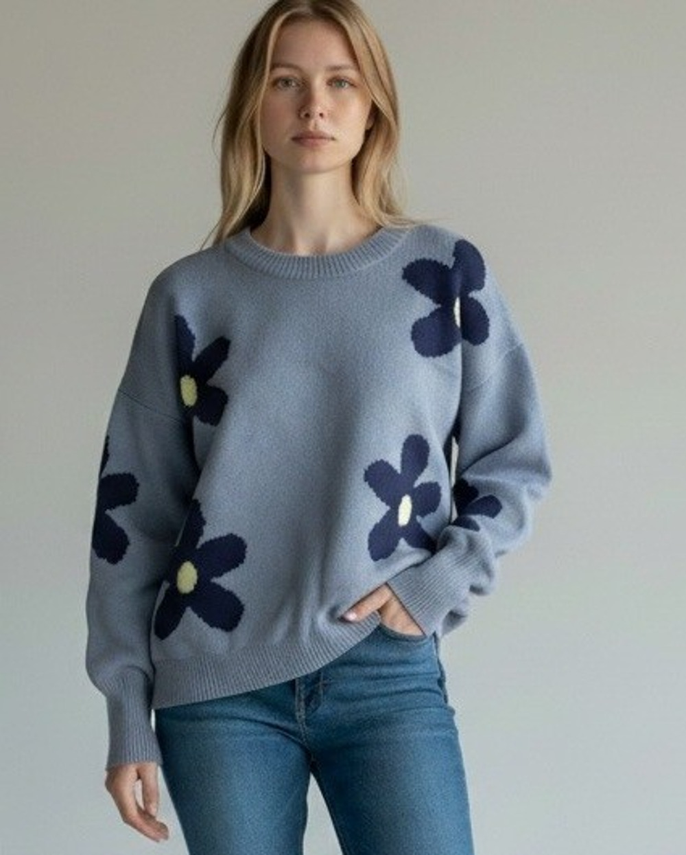 Daisy Floral Intarsia Crewneck Sweater Sz S Periwinkle Blue Twee Retro Mod Cozy